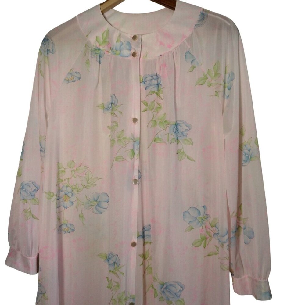 Vintage Nightgown L Semi Sheer Button Collar Pink Blue Floral Granny Grannycore